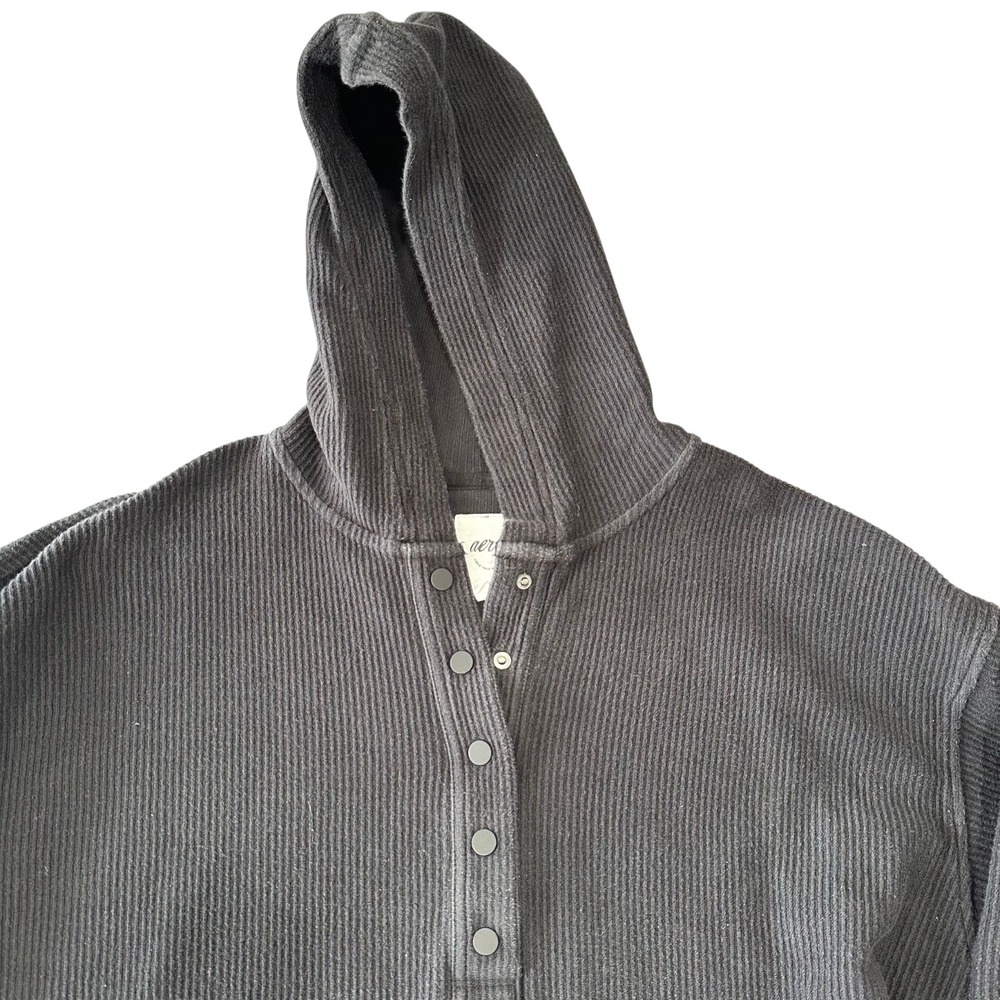 Aerie Womens Charcoal Gray Waffle Knit Henley Hoodie Sweatshirt Size S Cozy - Picture 7 of 7
